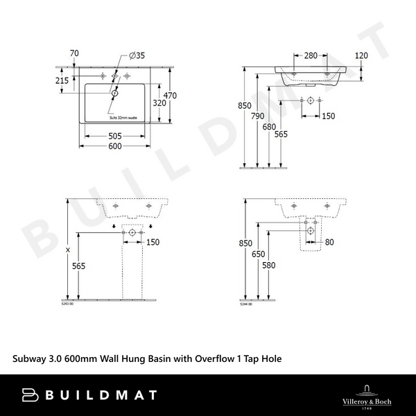 Villeroy & Boch Subway 3.0 600mm Wall Hung Basin with Overflow 1 Tap Hole Alpine White