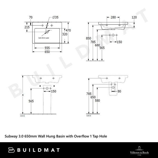 Villeroy & Boch Subway 3.0 650mm Wall Hung Basin with Overflow 1 Tap Hole Alpine White