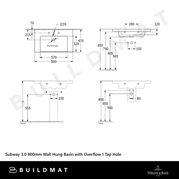 Villeroy & Boch Subway 3.0 800mm Wall Hung Basin with Overflow 1 Tap Hole Alpine White
