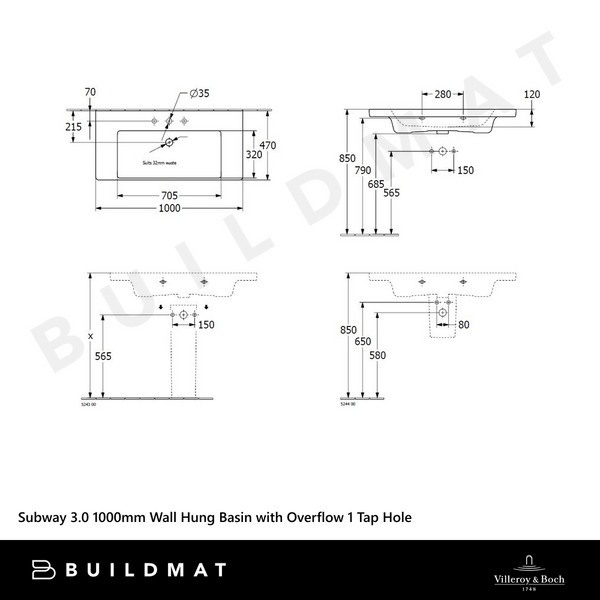 Villeroy & Boch Subway 3.0 1000mm Wall Hung Basin with Overflow 1 Tap Hole Alpine White