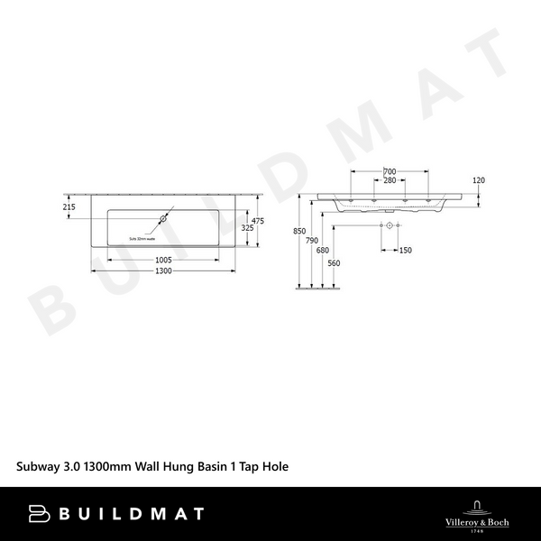 Villeroy & Boch Subway 3.0 1300mm Wall Hung Basin 1 Tap Hole Alpine White