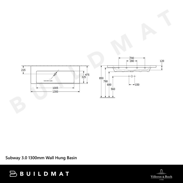 Villeroy & Boch Subway 3.0 1300mm Wall Hung Basin Alpine White