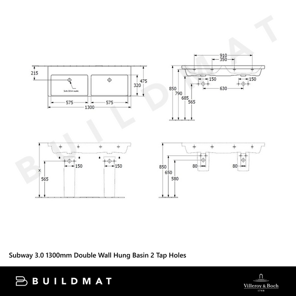 Villeroy & Boch Subway 3.0 1300mm Double Wall Hung Basin 2 Tap Holes Alpine White