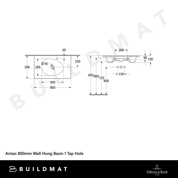 Villeroy & Boch Antao 800mm Wall Hung Basin 1 Tap Hole Pure Black