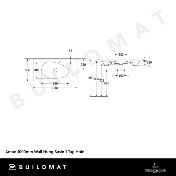 Villeroy & Boch Antao 1000mm Wall Hung Basin 1 Tap Hole Pure Black