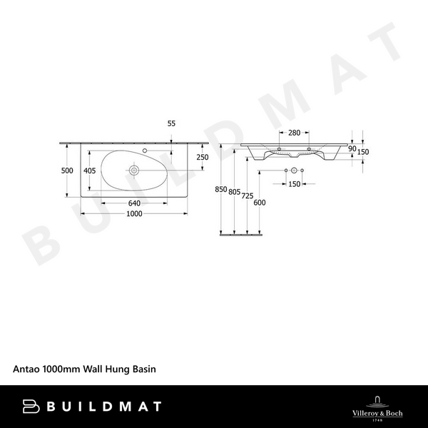 Villeroy & Boch Antao 1000mm Wall Hung Basin Pure Black
