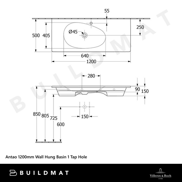 Villeroy & Boch Antao 1200mm Wall Hung Basin 1 Tap Hole Stone White