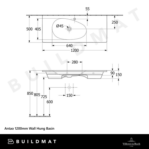 Villeroy & Boch Antao 1200mm Wall Hung Basin Pure Black