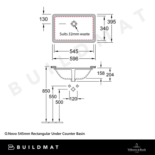 Villeroy & Boch O.Novo 545mm Rectangular Under Counter Basin Alpine White