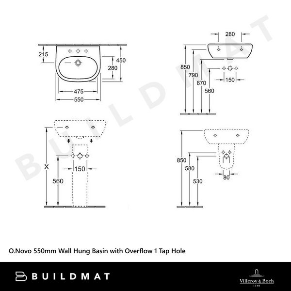 Villeroy & Boch O.Novo 550mm Wall Hung Basin with Overflow 1 Tap Hole Alpine White