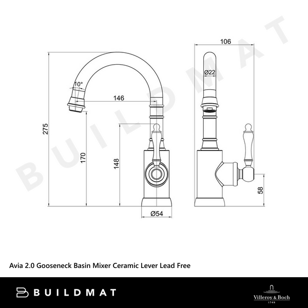 Villeroy & Boch Avia 2.0 Gooseneck Basin Mixer Ceramic Lever Brushed Nickel Lead Free