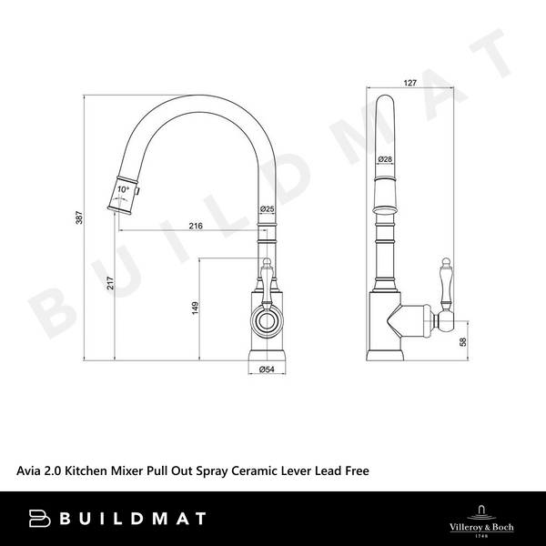 Villeroy & Boch Avia 2.0 Kitchen Mixer Pull Out Spray Ceramic Lever Brushed Gold Lead Free