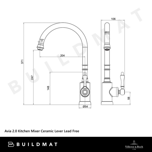 Villeroy & Boch Avia 2.0 Kitchen Mixer Ceramic Lever Brushed Nickel Lead Free