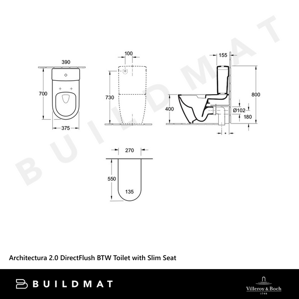 Villeroy & Boch Architectura 2.0 DirectFlush BTW Toilet Suite with Slim Seat CeramicPlus Alpine White