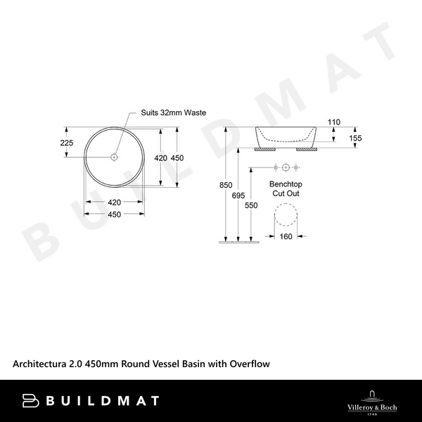 Villeroy & Boch Architectura 2.0 450mm Round Vessel Basin with Overflow Alpine White