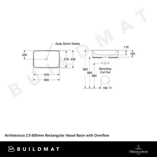 Villeroy & Boch Architectura 2.0 600mm Rectangular Vessel Basin with Overflow Alpine White