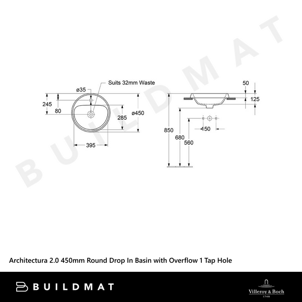Villeroy & Boch Architectura 2.0 450mm Round Drop In Basin with Overflow 1 Tap Hole Alpine White
