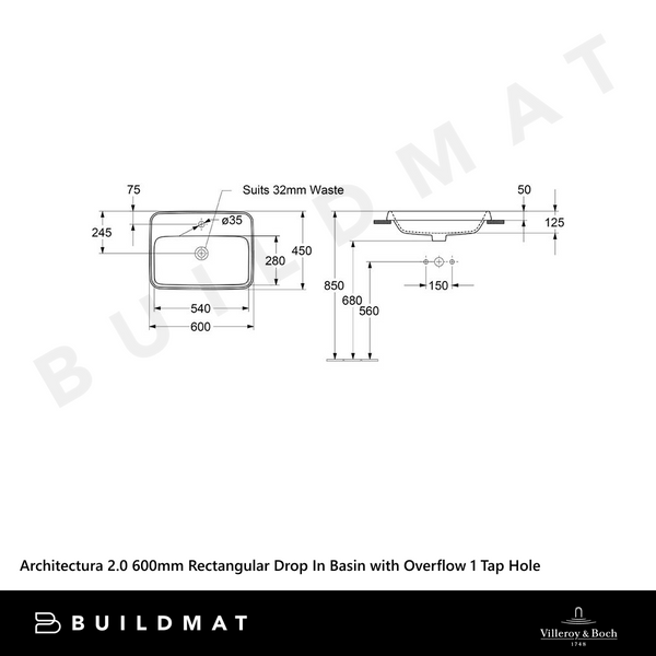 Villeroy & Boch Architectura 2.0 600mm Rectangular Drop In Basin with Overflow 1 Tap Hole Alpine White