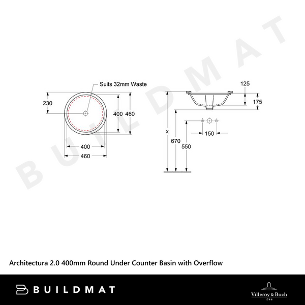Villeroy & Boch Architectura 2.0 400mm Round Under Counter Basin with Overflow Alpine White