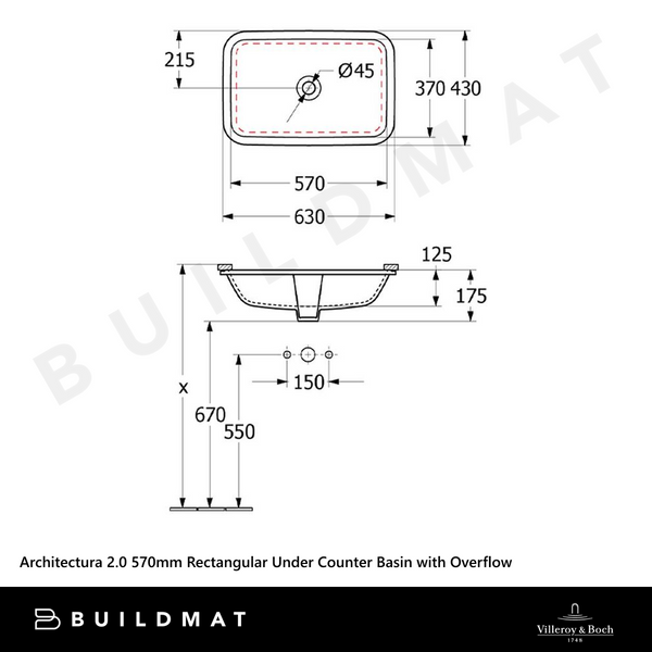 Villeroy & Boch Architectura 2.0 570mm Rectangular Under Counter Basin with Overflow Alpine White