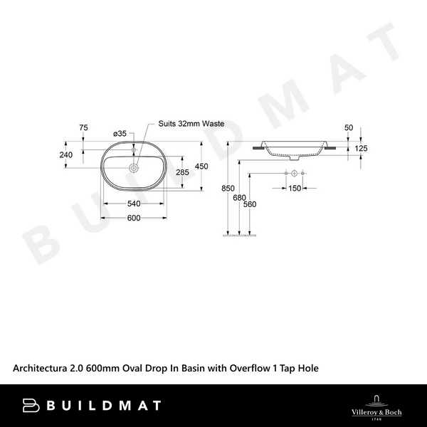 Villeroy & Boch Architectura 2.0 600mm Oval Drop In Basin with Overflow 1 Tap Hole Alpine White