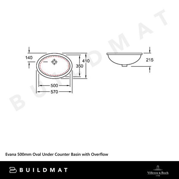Villeroy & Boch Evana 500mm Oval Under Counter Basin with Overflow Alpine White