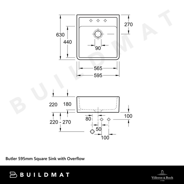 Villeroy & Boch Butler 595mm Square Sink with Overflow Alpine White