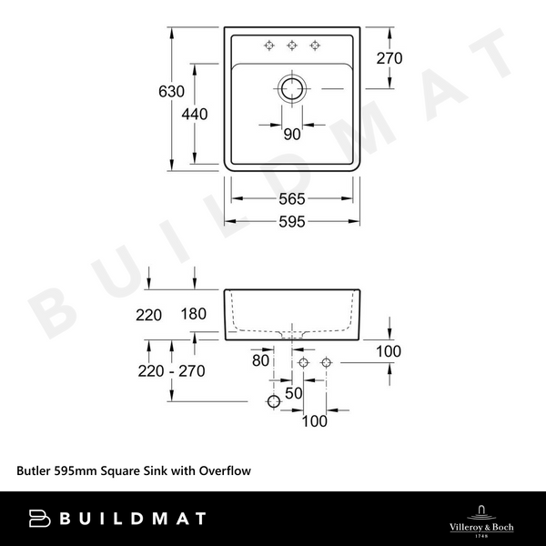 Villeroy & Boch Butler 595mm Square Sink with Overflow Stone White