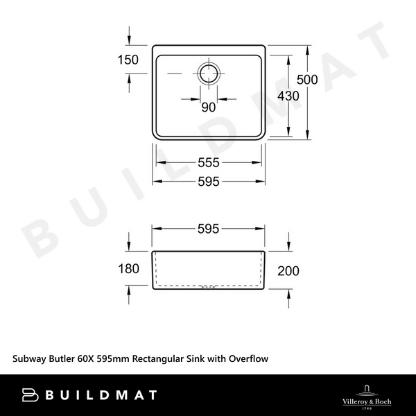 Villeroy & Boch Subway Butler 60X 595mm Rectangular Sink with Overflow Stone White