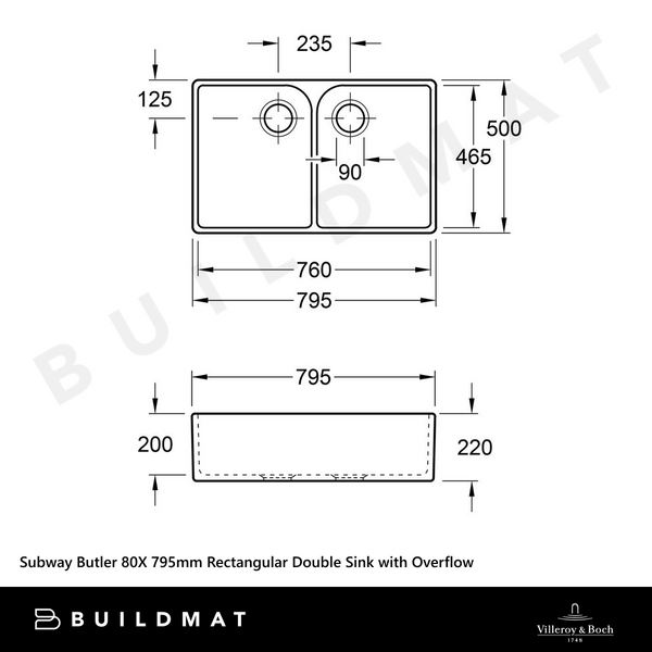 Villeroy & Boch Subway Butler 80X 795mm Rectangular Double Sink with Overflow Alpine White