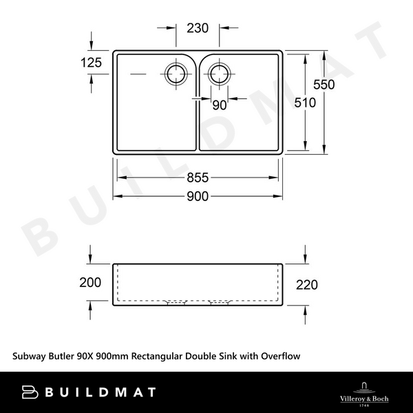 Villeroy & Boch Subway Butler 90X 900mm Rectangular Double Sink with Overflow Alpine White