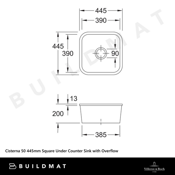 Villeroy & Boch Cisterna 50 445mm Square Under Counter Sink with Overflow Alpine White