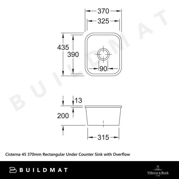 Villeroy & Boch Cisterna 45 370mm Rectangular Under Counter Sink with Overflow Alpine White