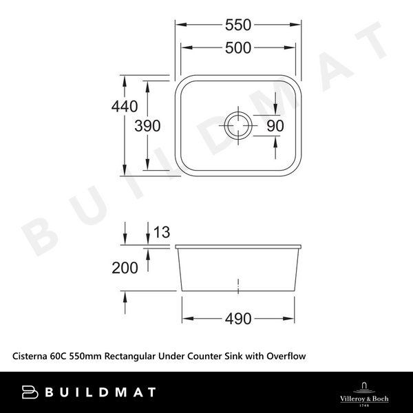 Villeroy & Boch Cisterna 60C 550mm Rectangular Under Counter Sink with Overflow Pure Black