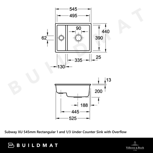 Villeroy & Boch Subway XU 545mm Rectangular 1 and 1/3 Under Counter Sink with Overflow Pure Black
