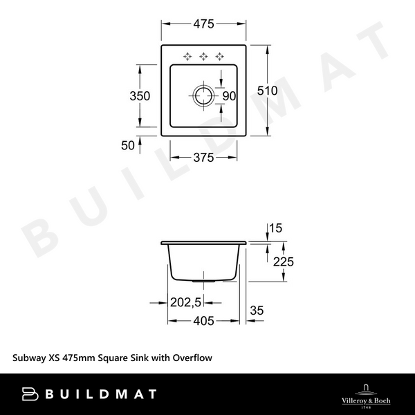 Villeroy & Boch Subway XS 475mm Square Sink with Overflow Pure Black