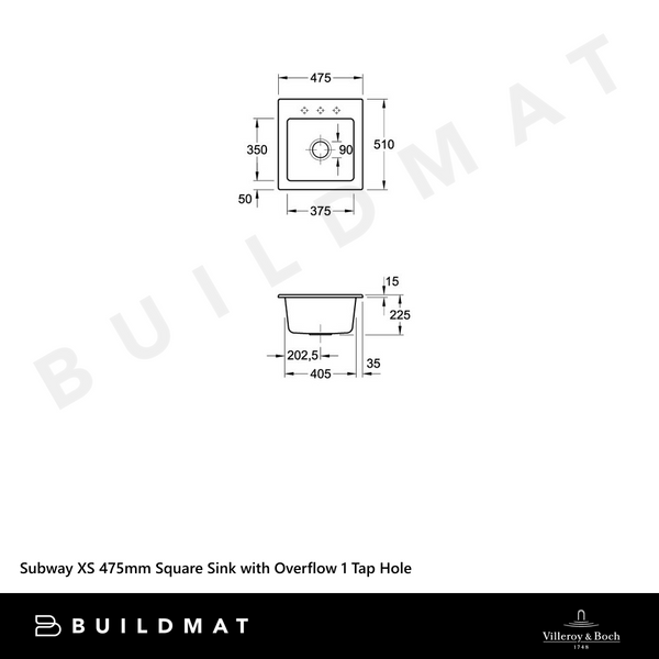 Villeroy & Boch Subway XS 475mm Square Sink with Overflow 1 Tap Hole Stone White