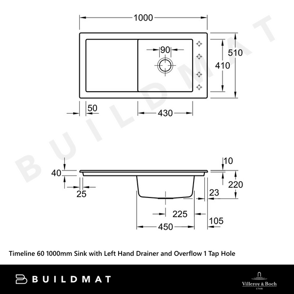 Villeroy & Boch Timeline 60 1000mm Sink with Left Hand Drainboard and Overflow 1 Tap Hole Alpine White