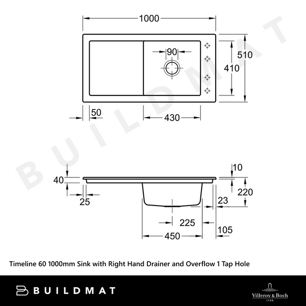 Villeroy & Boch Timeline 60 1000mm Sink with Right Hand Drainboard and Overflow 1 Tap Hole Pure Black