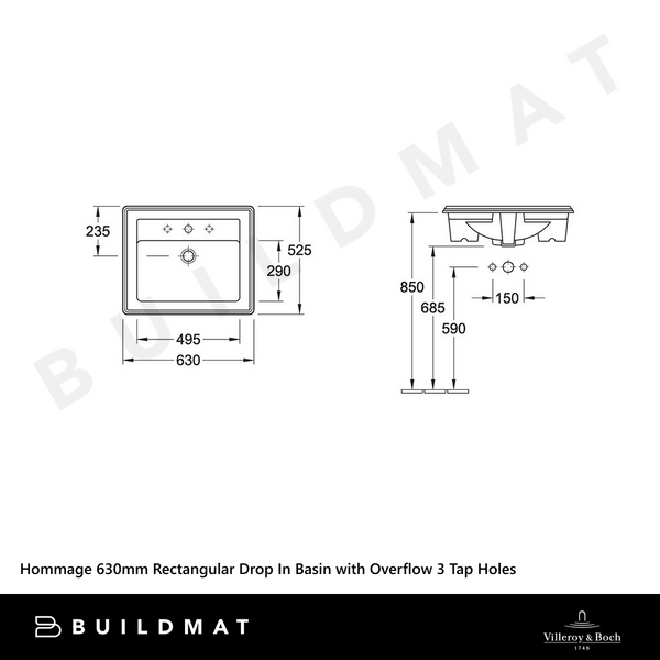 Villeroy & Boch Hommage 630mm Rectangular Drop In Basin with Overflow 3 Tap Holes CeramicPlus Alpine White