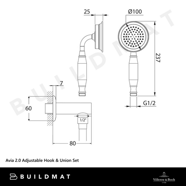 Villeroy & Boch Avia 2.0 Adjustable Hook & Union Shower Set Brushed Nickel