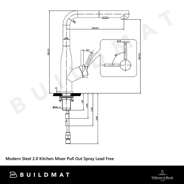 Villeroy & Boch Modern Steel 2.0 Kitchen Mixer Pull Out Spray Brushed Stainless Steel Lead Free