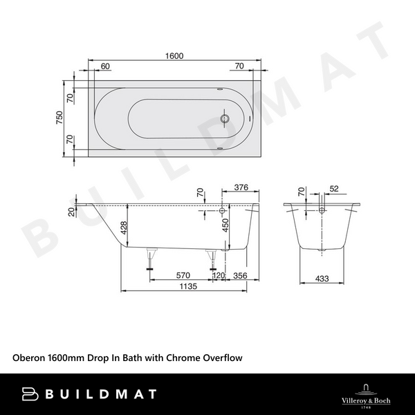 Villeroy & Boch Oberon 1600mm Drop In Bath with Chrome Overflow White