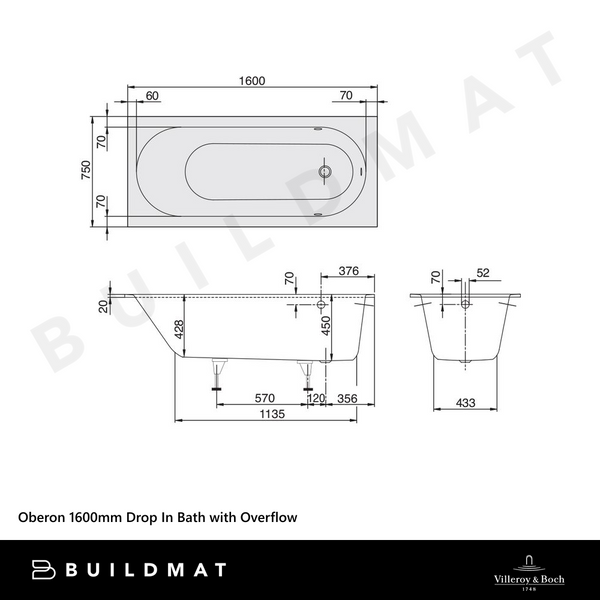 Villeroy & Boch Oberon 1600mm Drop In Bath with White Overflow White
