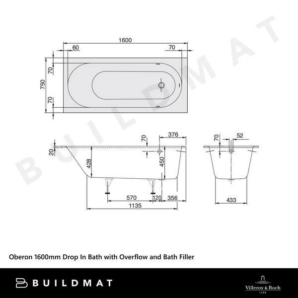 Villeroy & Boch Oberon 1600mm Drop In Bath with White Overflow and Bath Filler White
