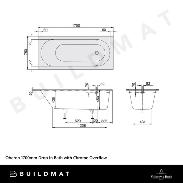 Villeroy & Boch Oberon 1700mm Drop In Bath with Chrome Overflow White