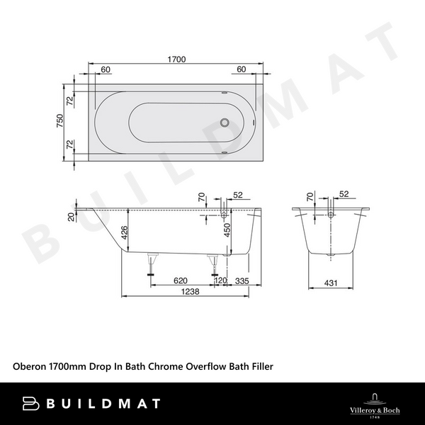 Villeroy & Boch Oberon 1700mm Drop In Bath Chrome Overflow Bath Filler White