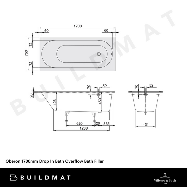 Villeroy & Boch Oberon 1700mm Drop In Bath White Overflow Bath Filler White