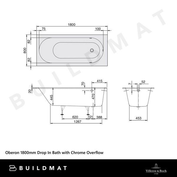 Villeroy & Boch Oberon 1800mm Drop In Bath with Chrome Overflow White