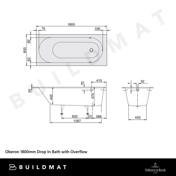 Villeroy & Boch Oberon 1800mm Drop In Bath with White Overflow White